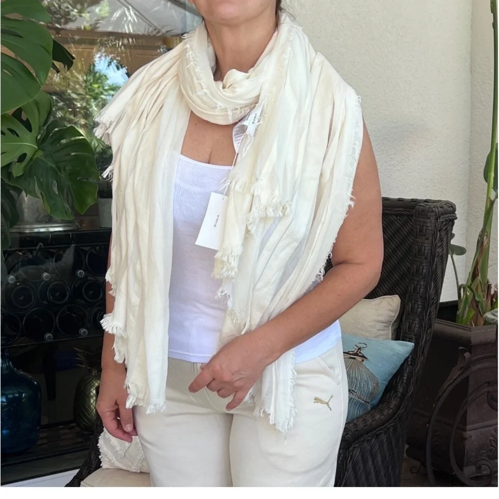 VINCE Large PASHMINA SCARF sheer stripe  cotton modal cashmere LIGHT Ivory